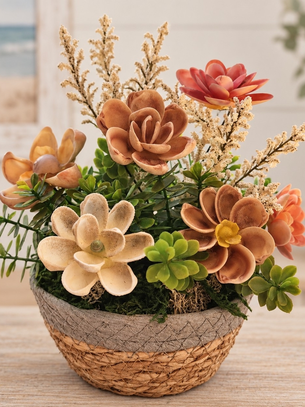 Vintage Seashell Flower Arrangement Coastal Decor Shell Floral Centerpiece Table